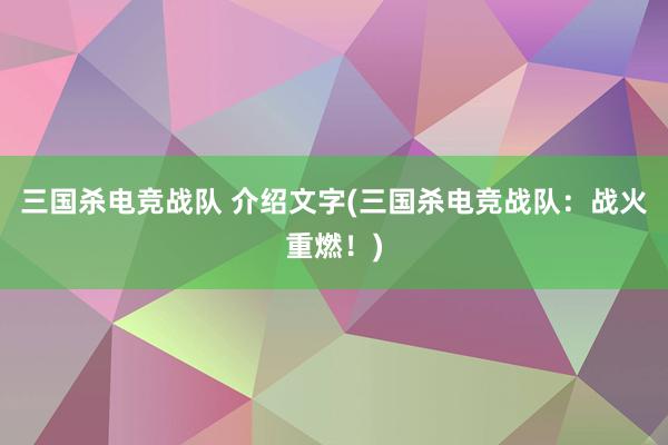 三国杀电竞战队 介绍文字(三国杀电竞战队：战火重燃！)